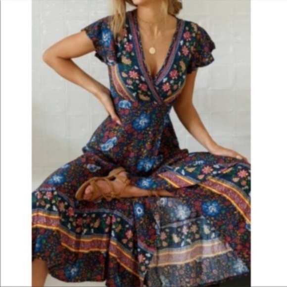 Boho Gypsy Navy Floral Print wrap midi Dress - Picture 5 of 7